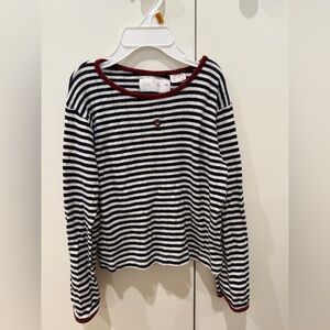 Zara Navy & White Striped Long Sleeve Top with Maroon Neck Trim